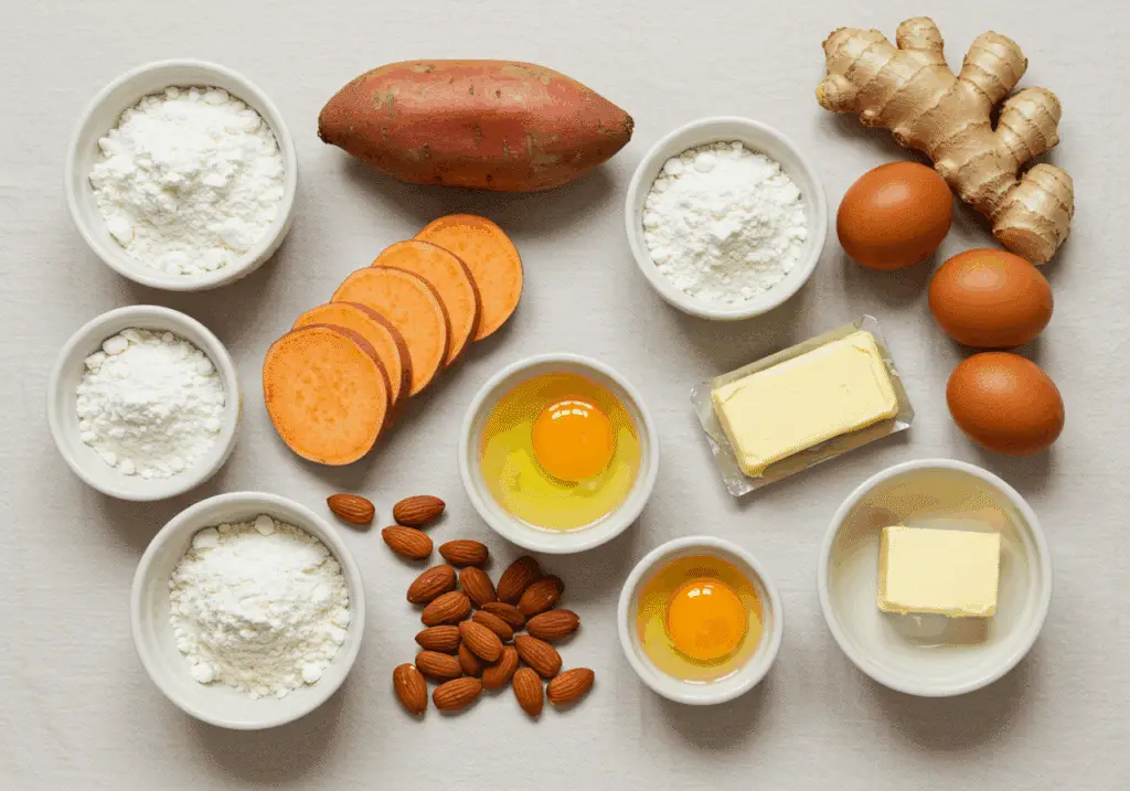 Ingrédients cake patate douce disposés nutrition santé naturelle