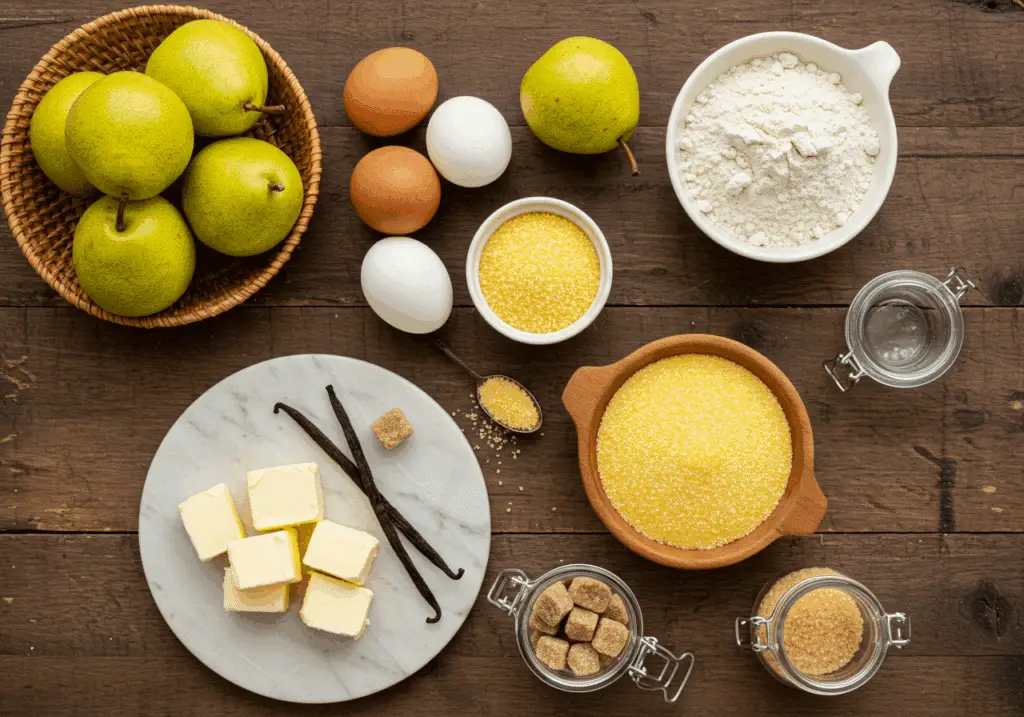 Ingrédients pour cake poires-polenta disposés rustiquement avec poires fraîches et polenta dorée