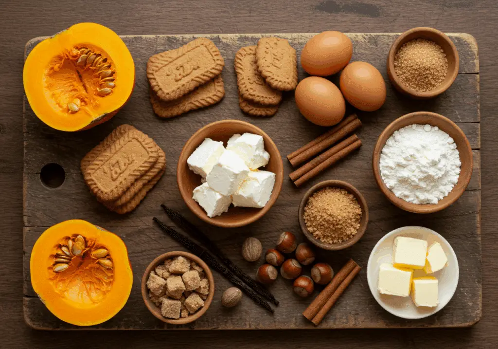 Ingrédients frais pour cheese-cake au potimarron et spéculoos disposés artistiquement