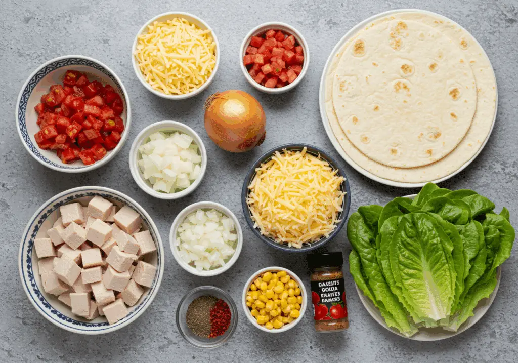 Ingrédients cheesy quesadillas dinde maïs gouda abondant tortillas comptoir familial