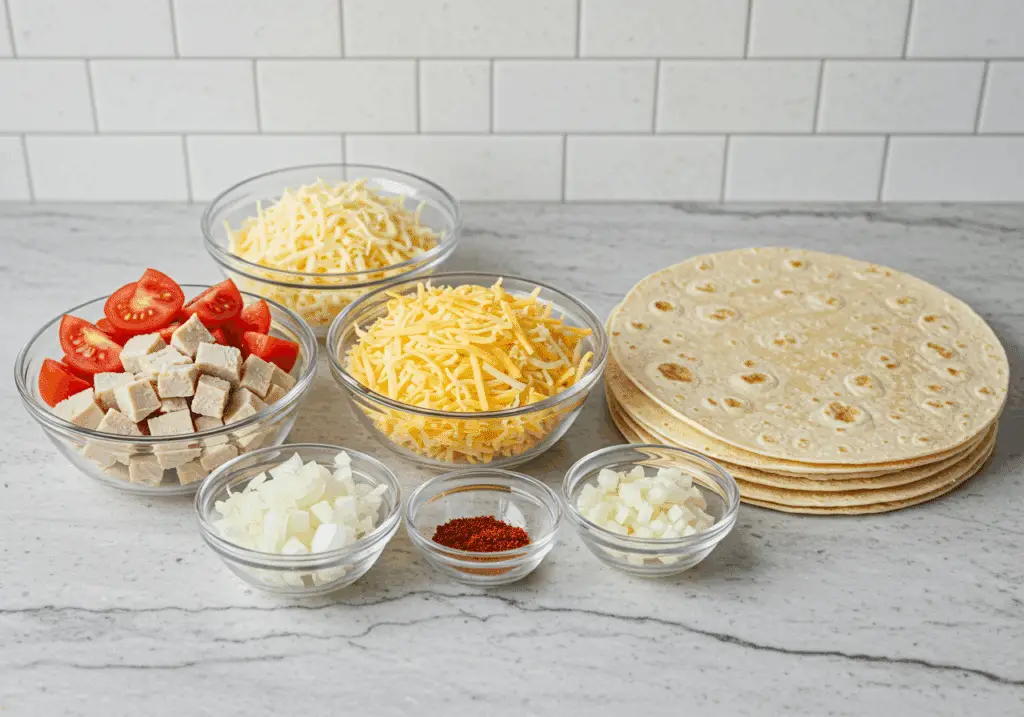 Ingrédients frais cheesy quesadillas gouda dinde maïs