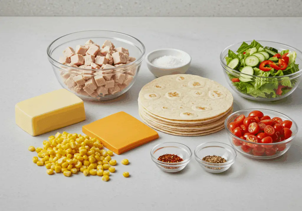 Ingrédients cheesy quesadillas gouda dinde maïs protéinés équilibrés