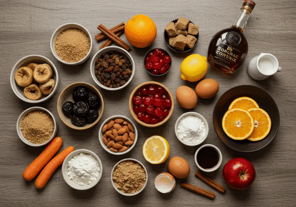 Ingrédients du Christmas pudding disposés sur table en bois - fruits secs raisins figues amandes