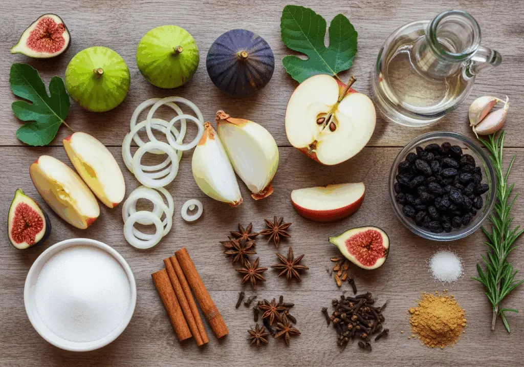 Ingrédients chutney figues pomme oignon raisins épices disposés bois rustique