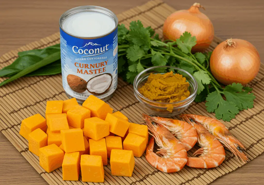Ingrédients frais curry potiron crevettes qualité exotique authentique