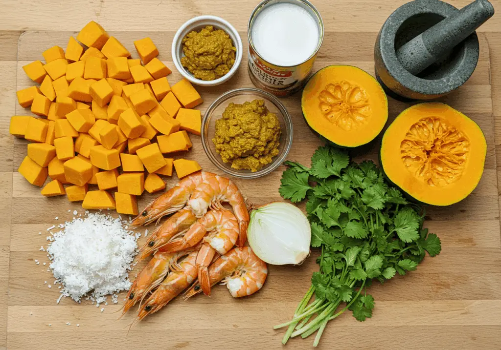 Ingrédients frais pour curry potiron crevettes disposés style thaïlandais