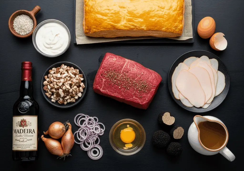 Ingrédients filet boeuf croûte Madère feuilletage truffes disposés bois sombre