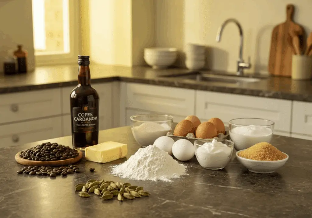Ingrédients fondant café cardamome liqueur gousses épices