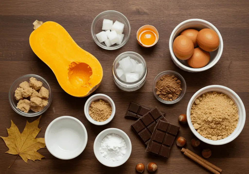 Ingrédients pour gâteau chocolat et courge butternut disposés artistiquement