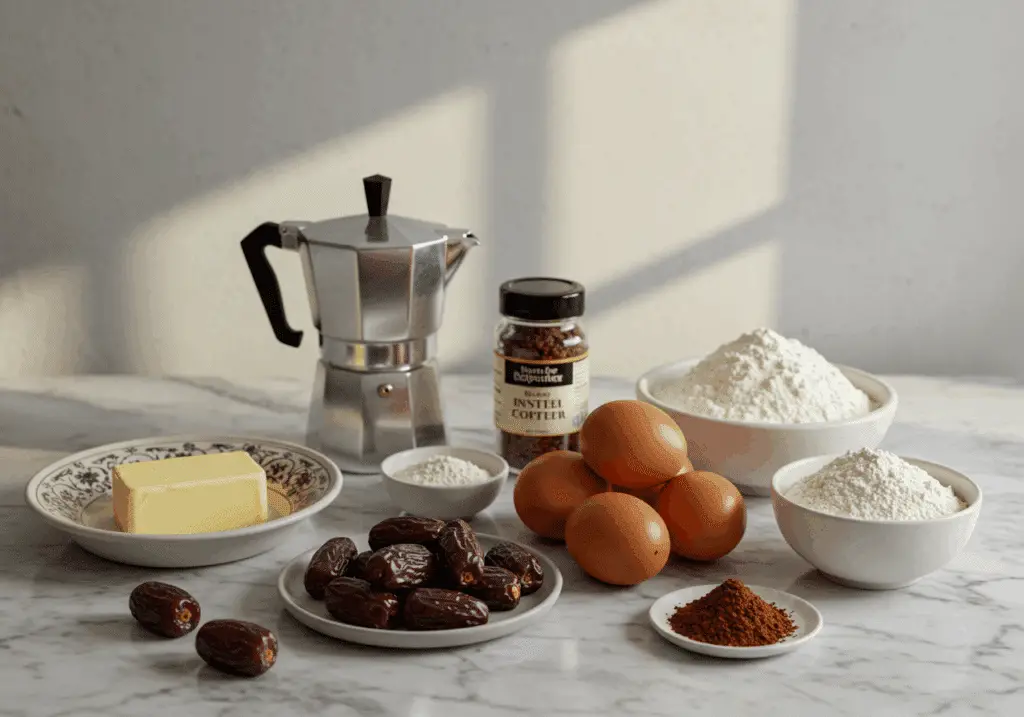 Ingrédients gâteau dattes café meringue sucre farine