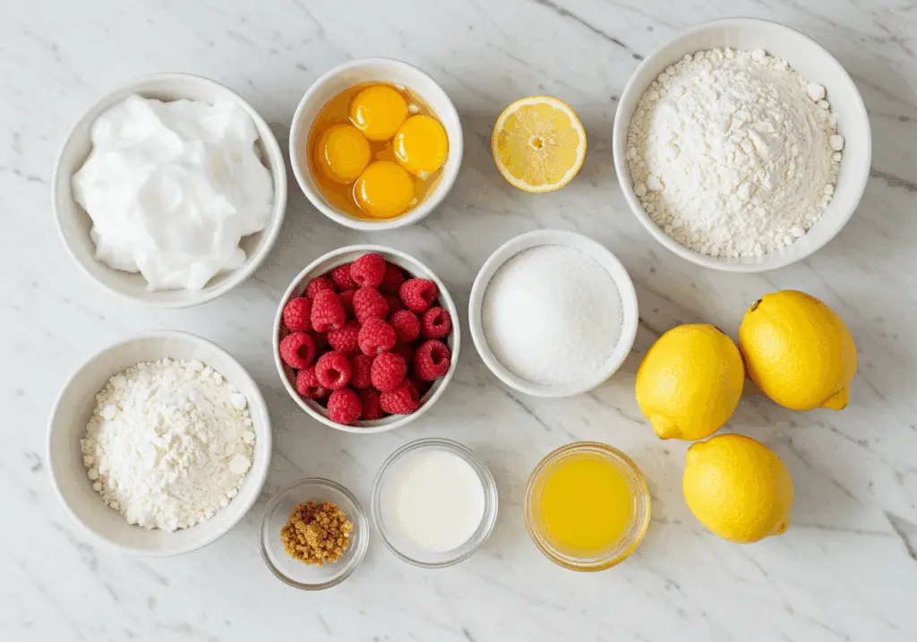 Ingrédients gâteau magique citron framboises œufs séparés fruits disposés marbre