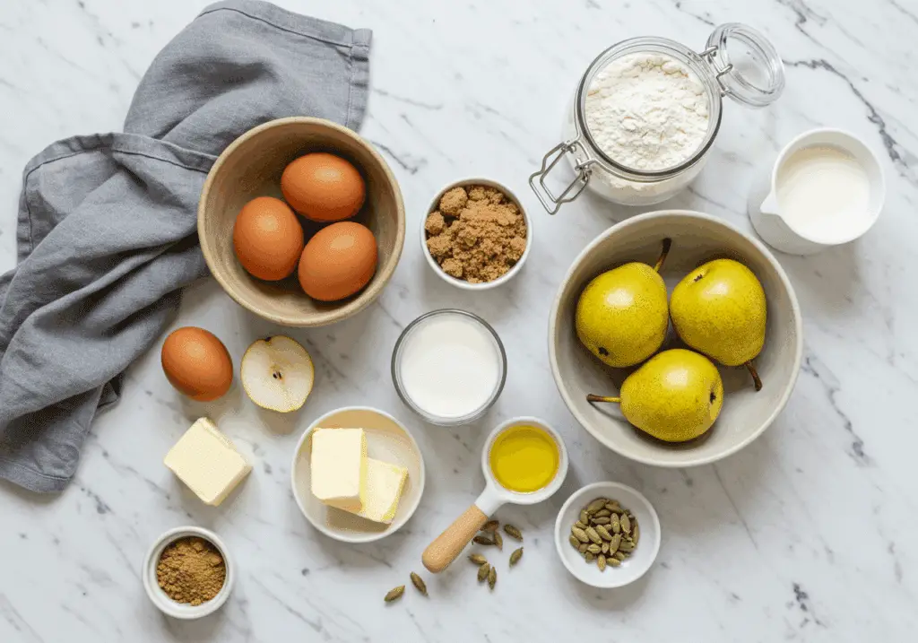 Ingrédients frais pour gâteau fondant aux poires et à la cardamome disposés