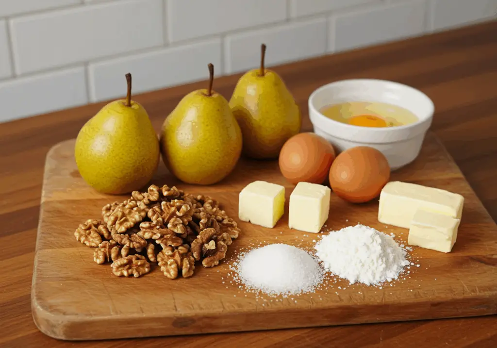 Ingrédients gâteau poires noix fruits farine fécule