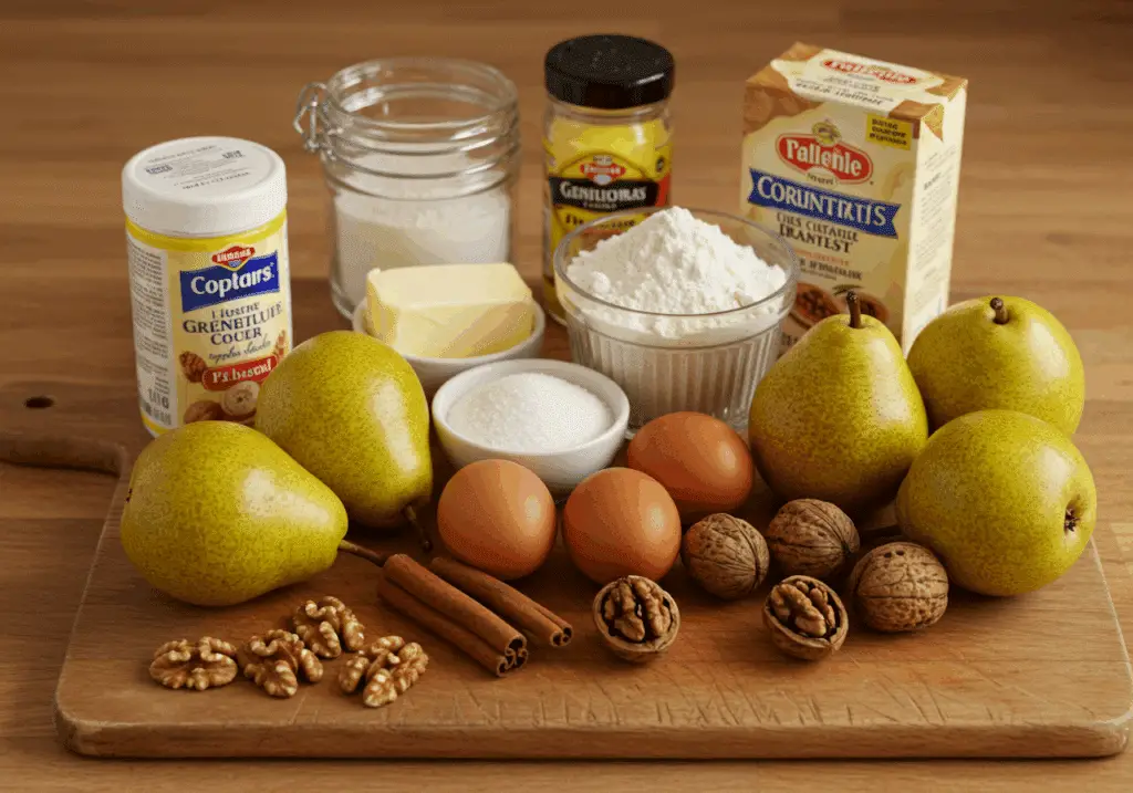 Ingrédients gâteau poires noix fruits farine fécule