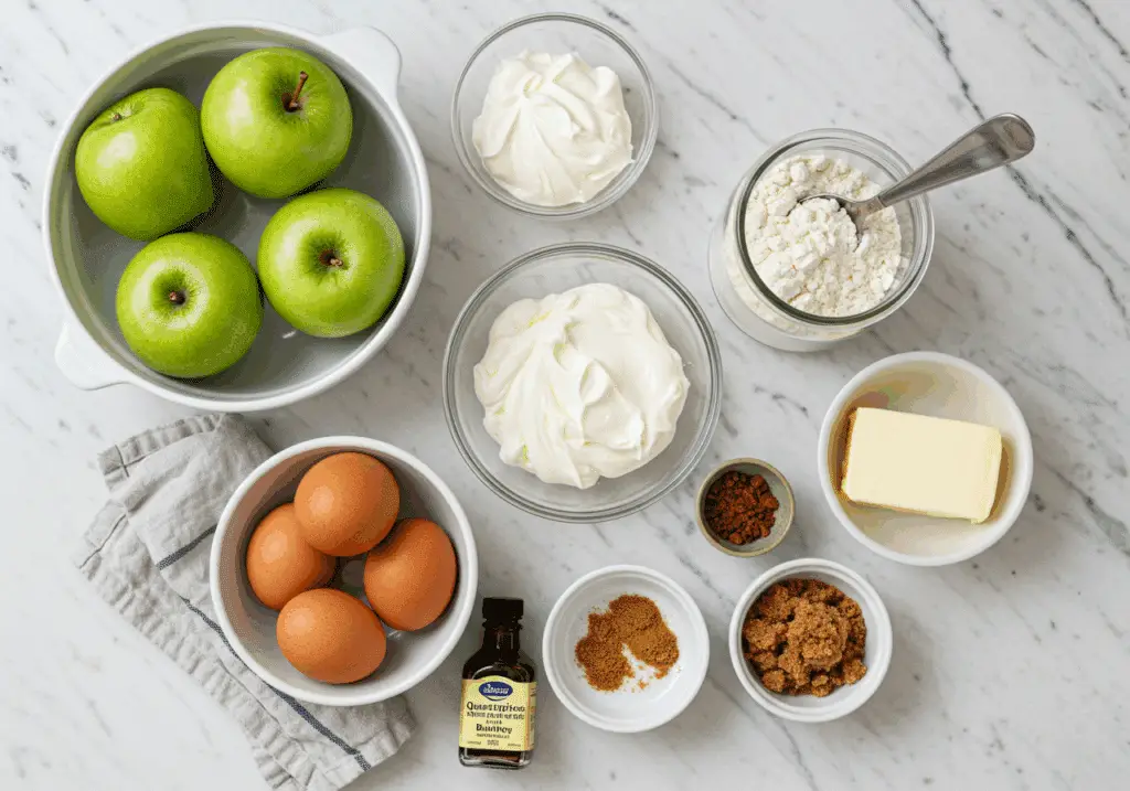 Ingrédients frais pour gâteau aux pommes, épices et crème fraîche disposés
