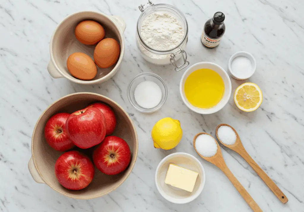 Ingrédients frais pour réaliser un gâteau aux pommes facile