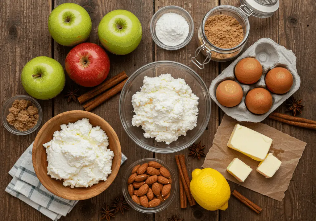 Ingrédients frais pour gâteau aux pommes, ricotta et amandes disposés artistiquement