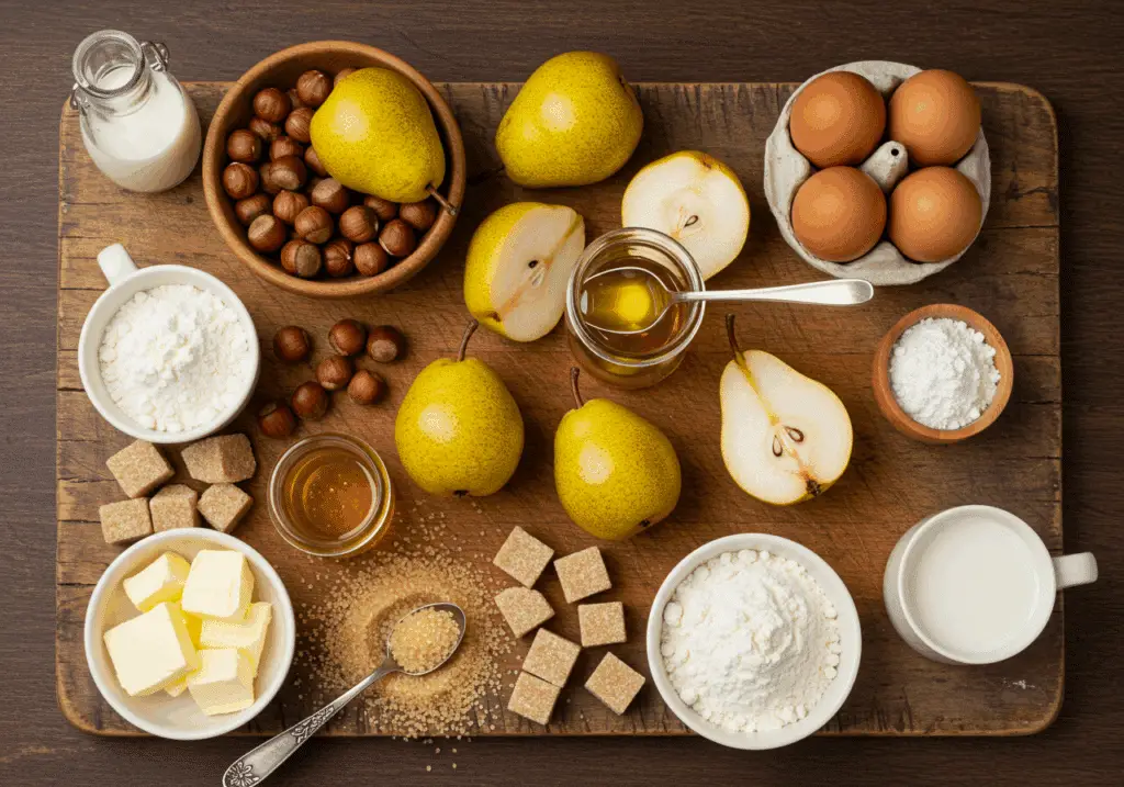 Ingrédients pour gâteau renversé disposés rustiquement avec poires fraîches miel liquide et noisettes