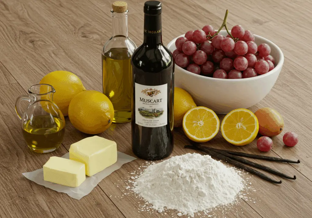 Ingrédients gâteau vignoble muscat raisins huile olive agrumes