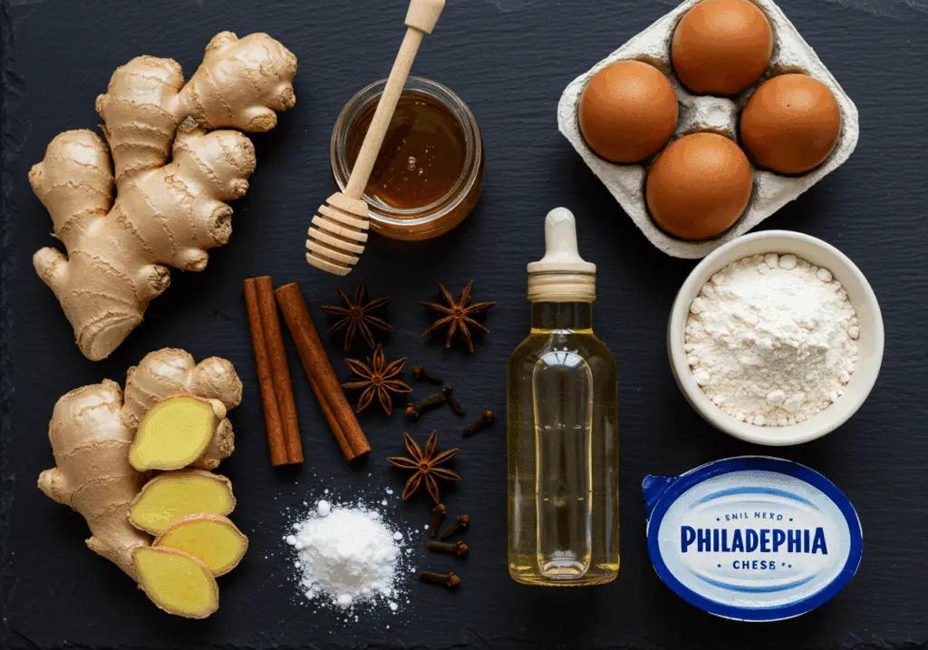 Ingrédients ginger cake gingembre frais mélasse épices sur ardoise