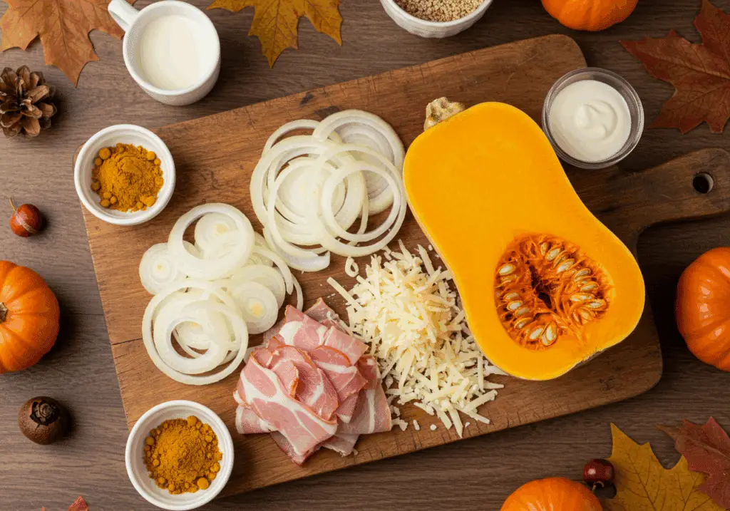 Ingrédients gratin butternut curry courge jambon comté crème