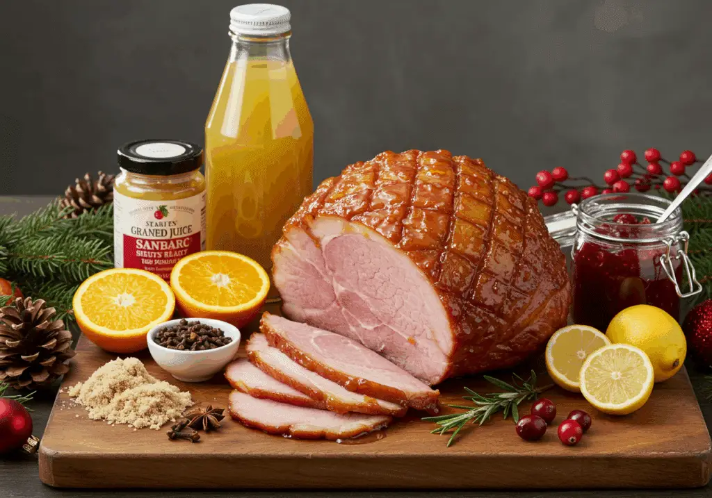 Ingrédients jambon laqué canneberges agrumes clous girofle