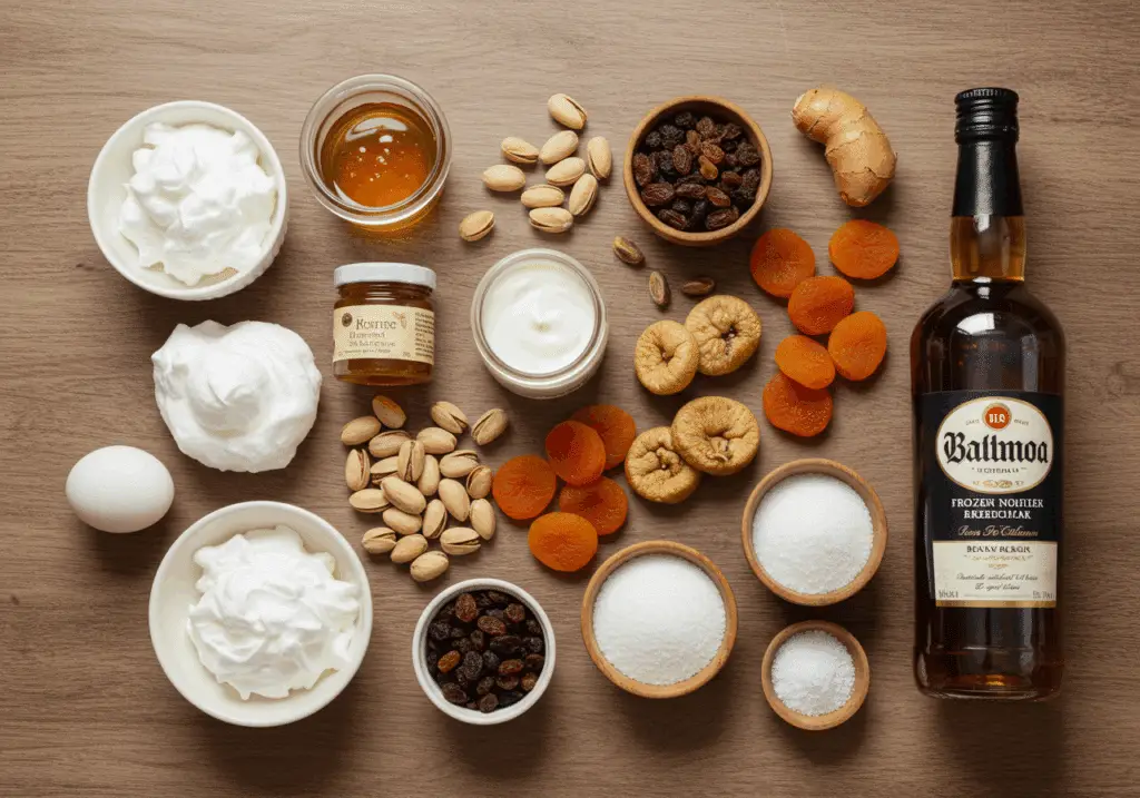 Ingrédients premium pour nougat glacé disposés style pâtisserie française