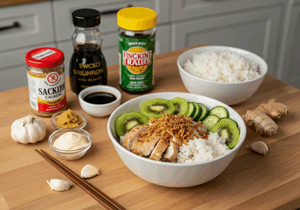Ingrédients frais poké bowl poulet kiwi oignons fusion