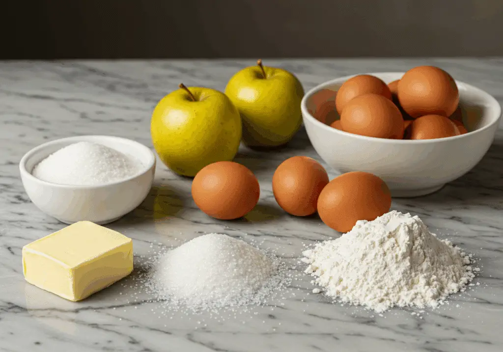 Ingrédients quatre-quarts pommes beurre sucre œufs farine