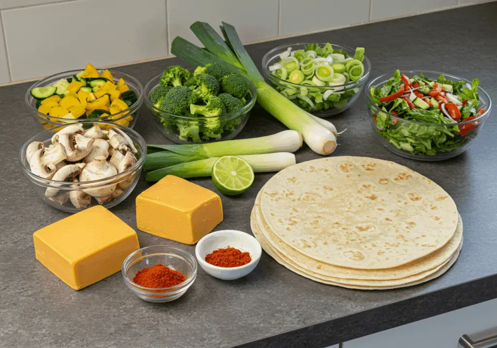 Ingrédients quesadilla légumes cheddar végétariens colorés frais