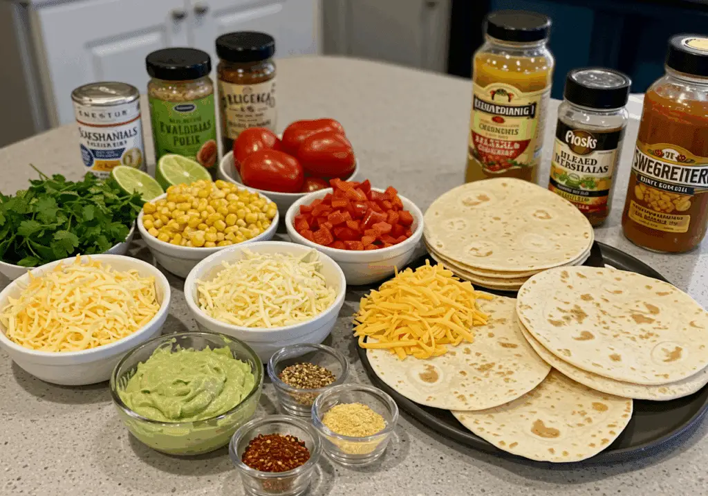 Ingrédients frais quesadillas aux légumes cheddar colorés