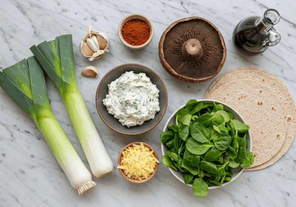 Ingrédients raffinés pour quesadillas fusion disposés avec poireaux frais portobello et fromages