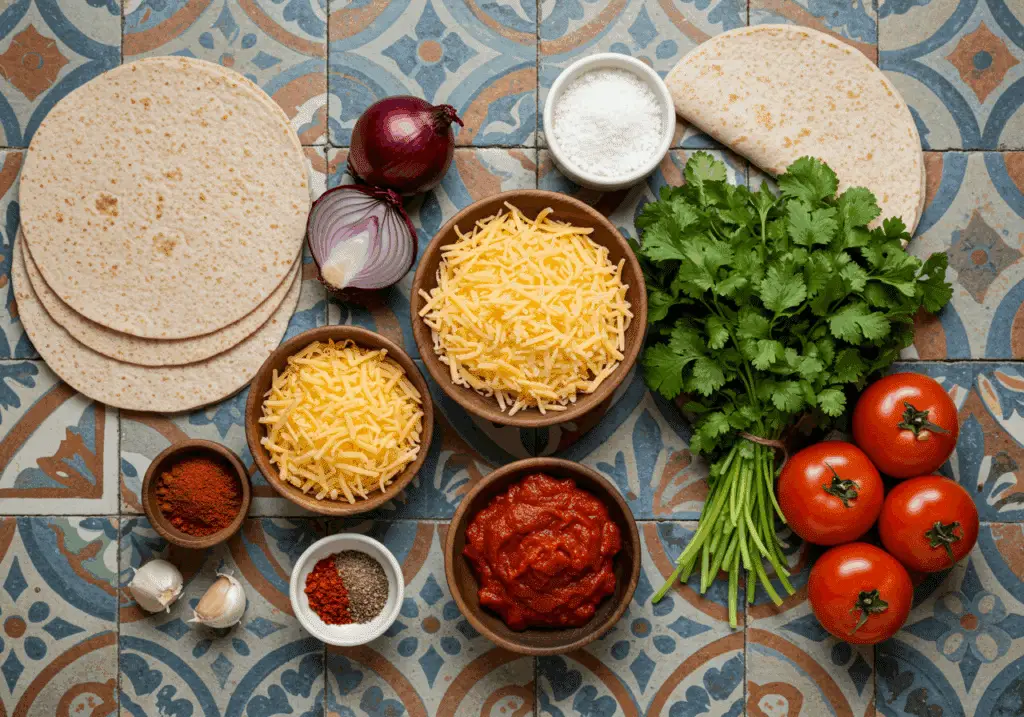 Ingrédients quesadillas mexicaines bœuf cheddar tortillas fromage épices disposés carreaux
