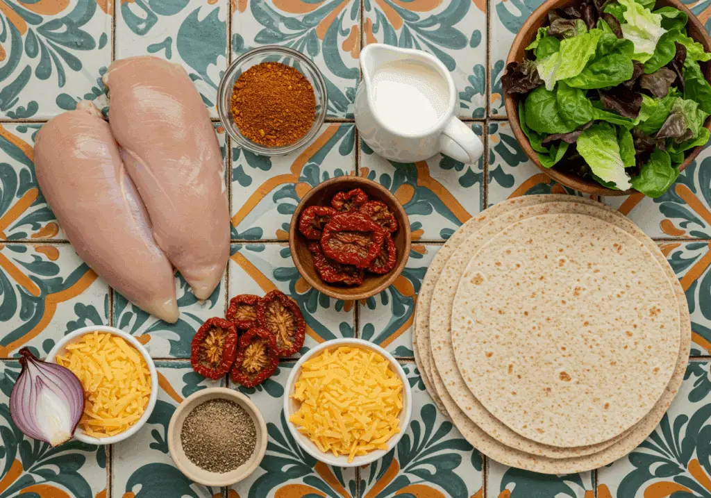 Ingrédients frais pour quesadillas mexicaines disposés avec poulet épices et fromages