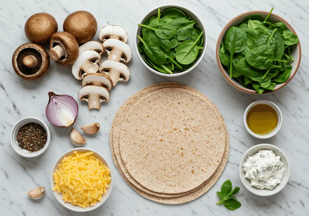 Ingrédients frais pour quesadillas veggie disposés avec champignons épinards et fromages