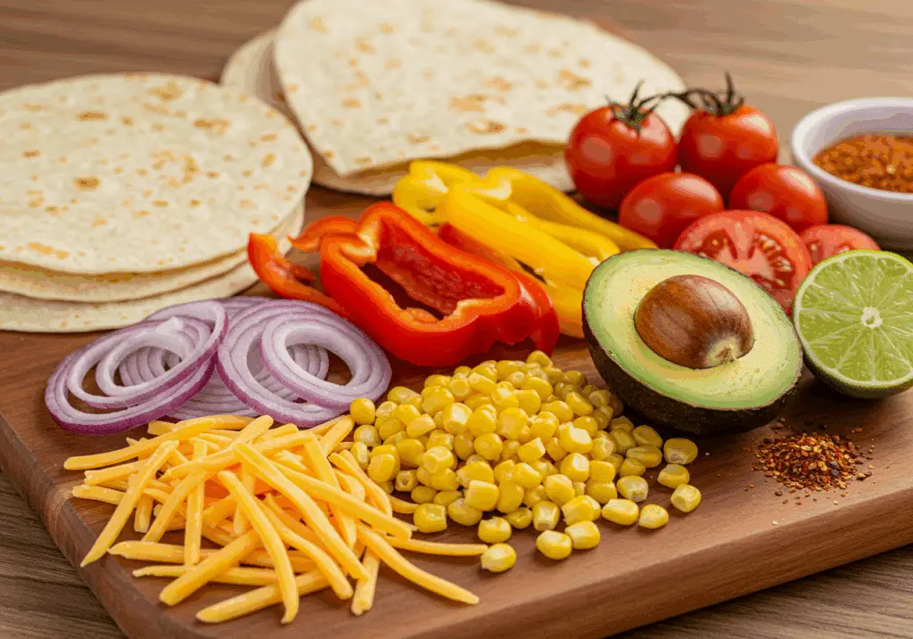 Ingrédients quesadillas veggie poivron cheddar légumes colorés mexicains
