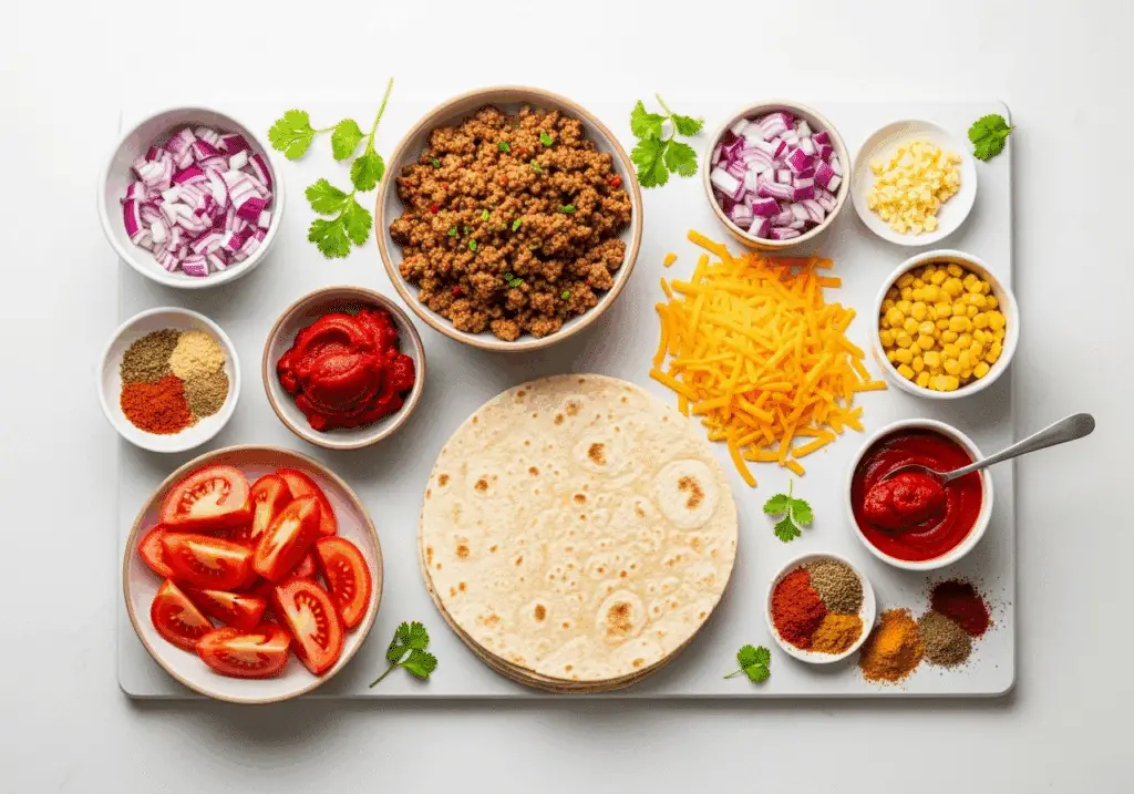 Ingrédients rentrée mexicaine quesadillas bœuf cheddar organisés comptoir lunch boxes