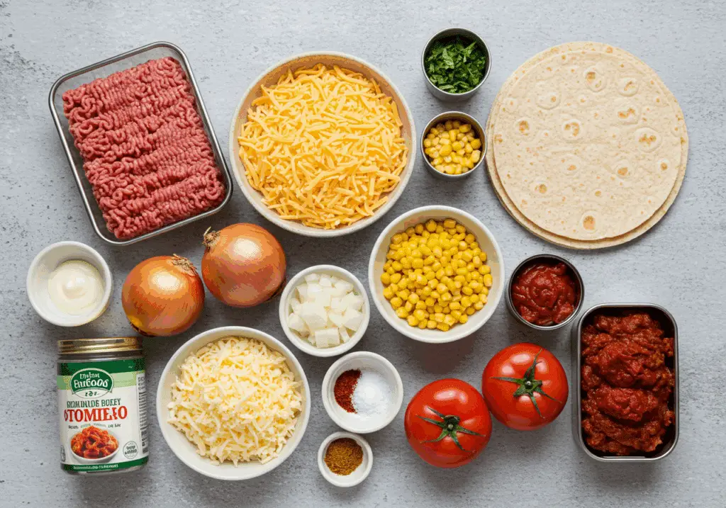 Ingrédients rentrée mexicaine quesadillas bœuf cheddar organisés comptoir lunch boxes