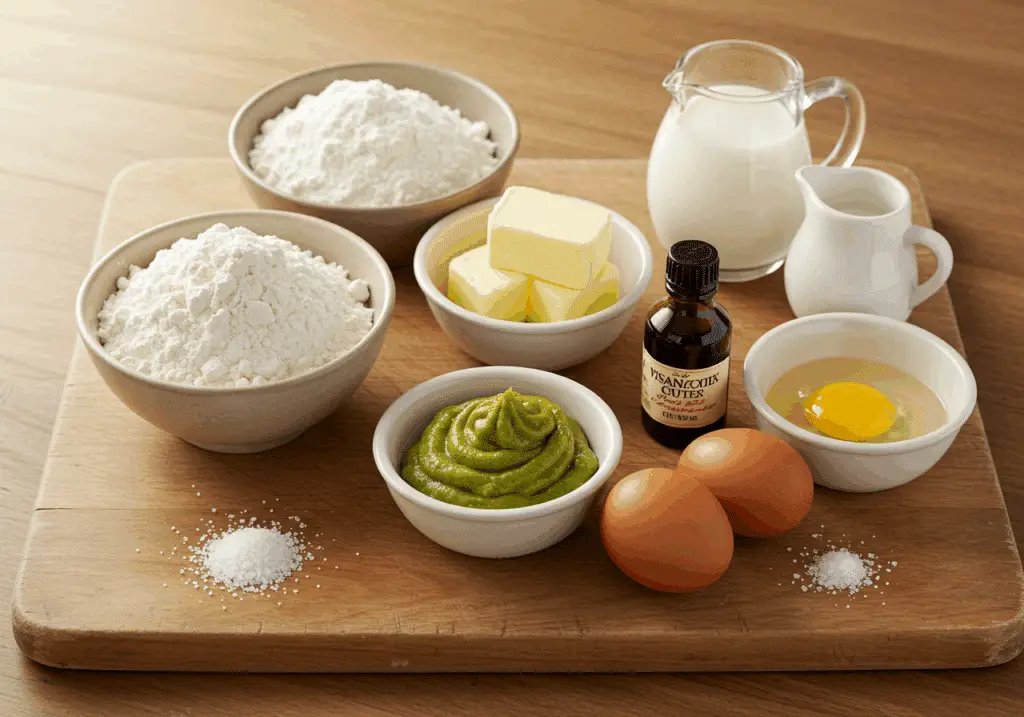Ingrédients sablés spirales pistache farine beurre pâte vanille
