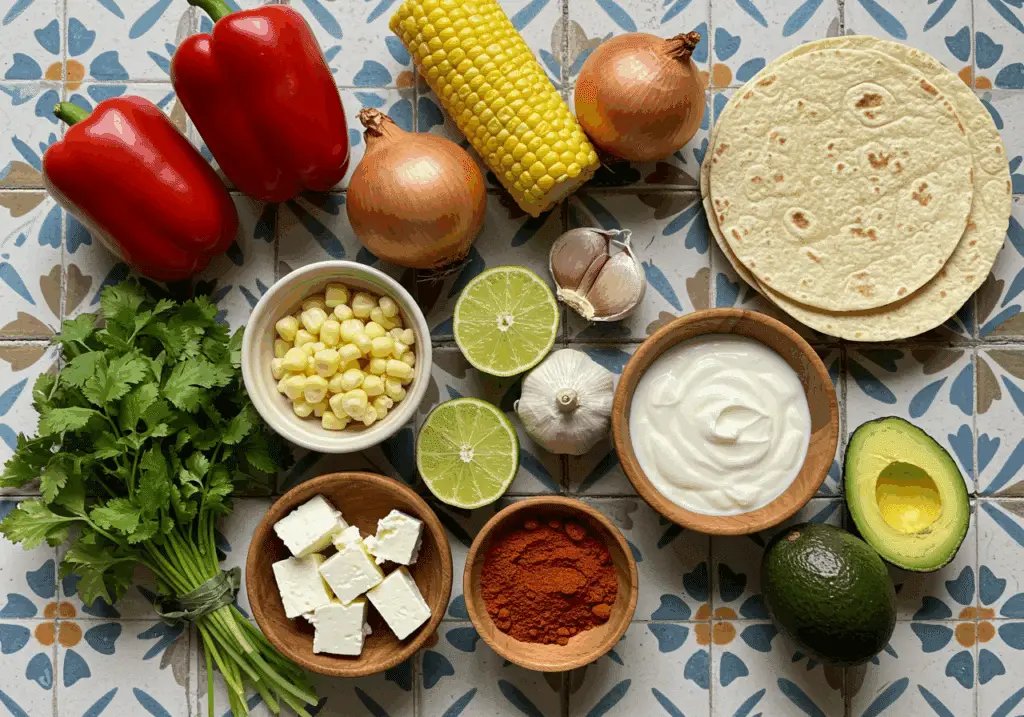 Ingrédients soupe aztèque poivron maïs disposés carreaux mexicains colorés