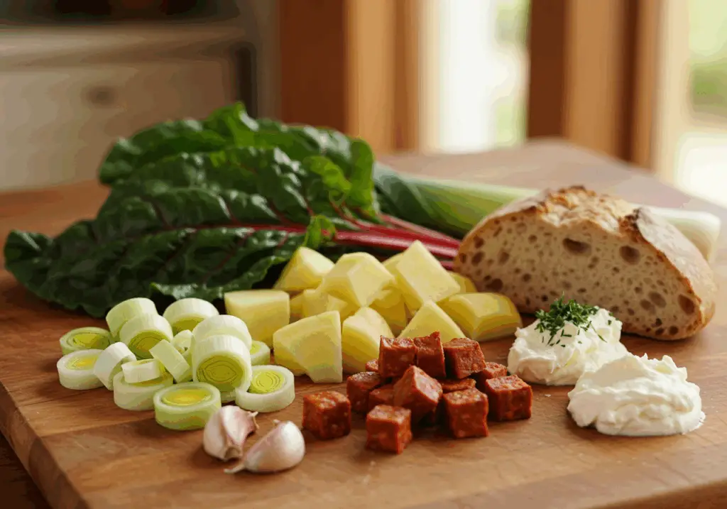 Ingrédients soupe blettes dés chorizo frais légumes rustiques