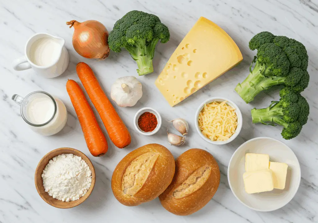 Ingrédients soupe brocoli gouda disposés marbre blanc élégant complet