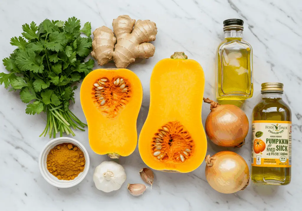 Ingrédients soupe butternut gingembre courge fraîche épices coriandre bouillon