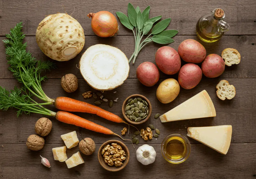 Ingrédients frais pour soupe céleri-carotte disposés rustiquement avec légumes racines et noix