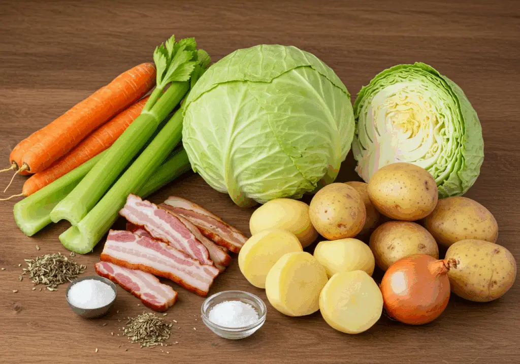 Ingrédients soupe chou lardons légumes bacon herbes