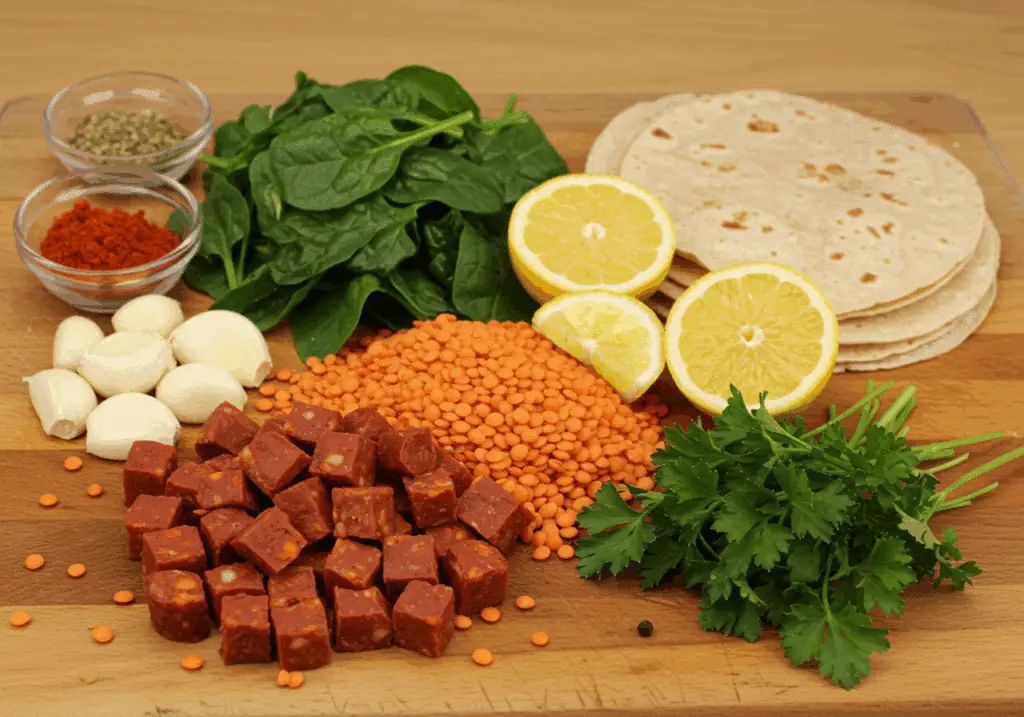 Ingrédients soupe citronnée lentilles chorizo nutritifs frais