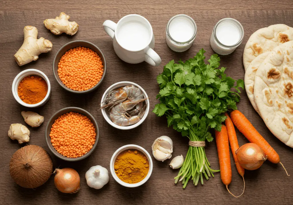 Ingrédients frais pour soupe lentilles crevettes coriandre disposés style indien