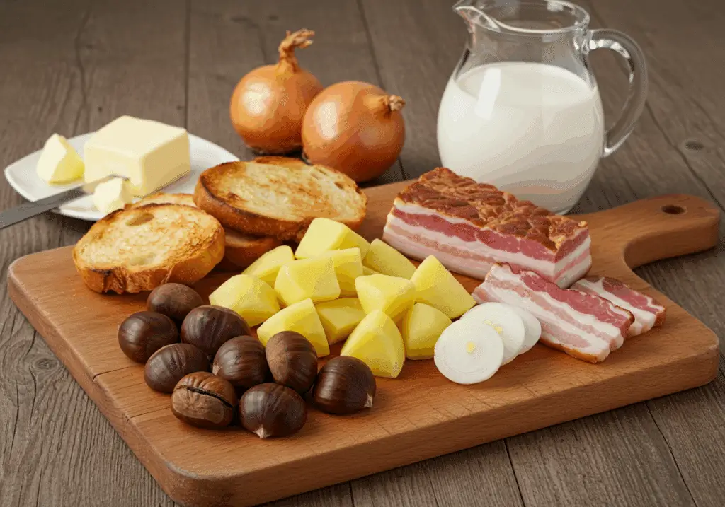 Ingrédients soupe marrons lardons fumés automne rustique