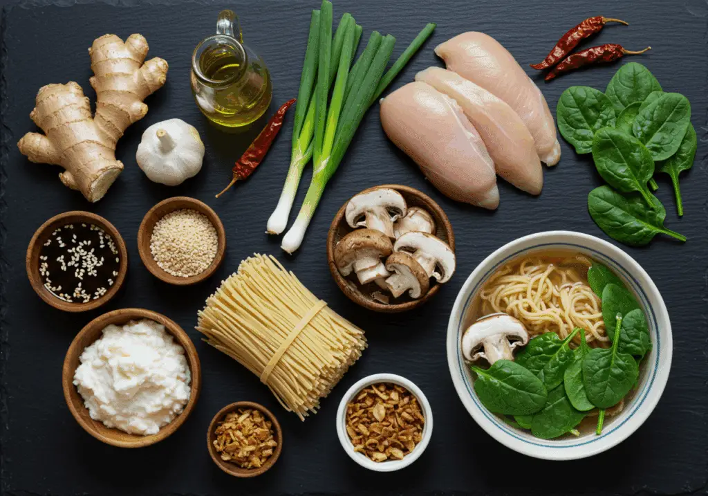 Ingrédients soupe Miso Ramen poulet disposés ardoise noire élégante