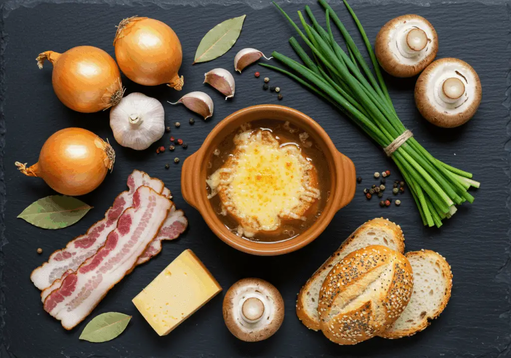 Ingrédients soupe oignon gratinée oignons lardons fromage emmental disposés ardoise